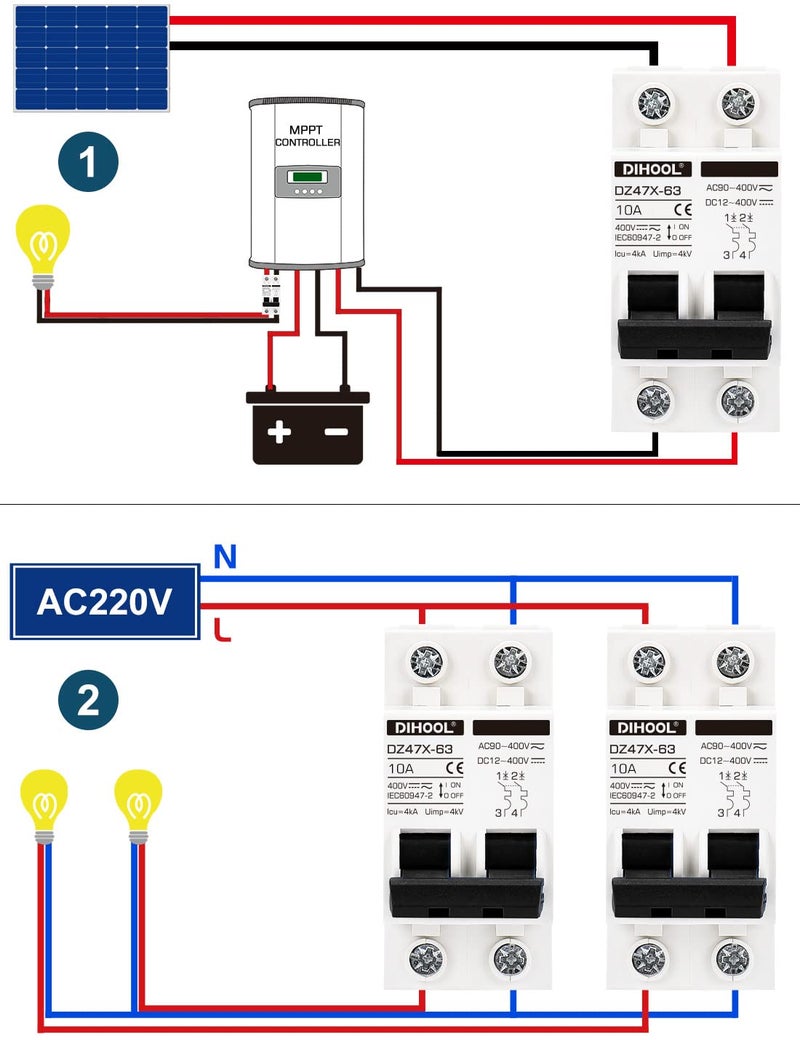 DIHOOL Solar Disconnect Switch, 10 Amp 2 Pole, DIN Rail Mount, Non Polarized, 12V 24V 48V 400V, AC/DC Circuit Breaker, RV Battery Isolator, PV Array MCB, Thermal Magnetic Trip - Image 2